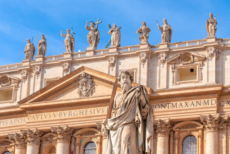 Apostle Paul in St. Peter`s Square with blue sky background, Rome, Italy