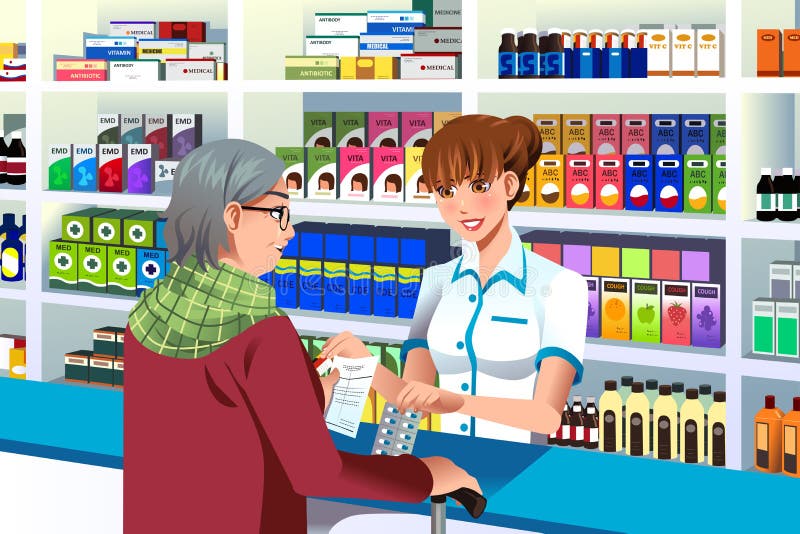 Apotheker, welche einer älteren Person hilft lizenzfreie abbildung Apotheker, welche einer älteren Person hilft lizenzfreie abbildung