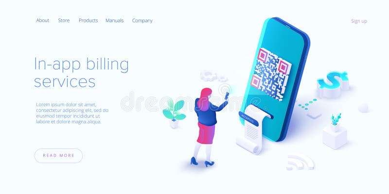 In-app billing service in isometric vector illustrations. Mobile payment with qr code scan. Cell phone app to pay bills. Web stock illustration