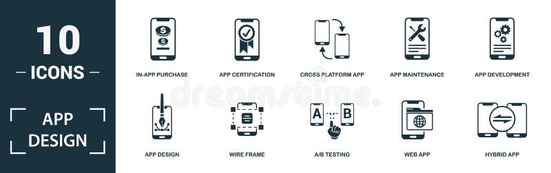 App Design icon set. Monochrome sign collection with custom app, agile methodology, app api, app testing and over icons. App vector illustration