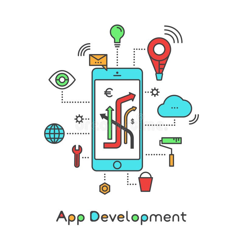 App Development and Application Building with Clod Storage, Geo Location, Notifications and Settings Vector Icon Style Simple vector illustration App Development and Application Building with Clod Storage, Geo Location, Notifications and Settings Vector Icon Style Simple vector illustration