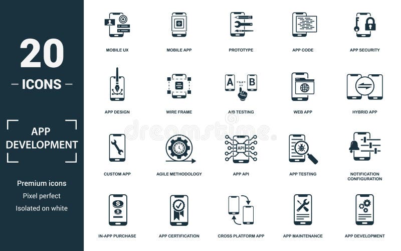 App Development icon set. Monochrome sign collection with mobile ux, mobile app, prototype, app code and over icons. App royalty free illustration