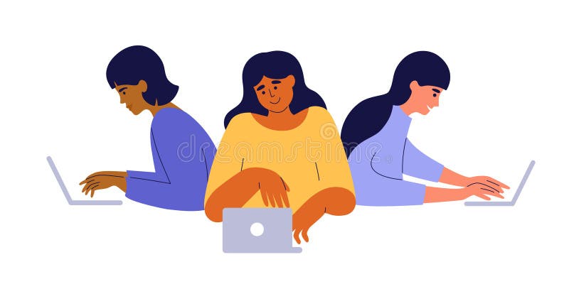 App development team, startup, online support, woman programmer or tester with vector illustration of women work, coding or play vector illustration