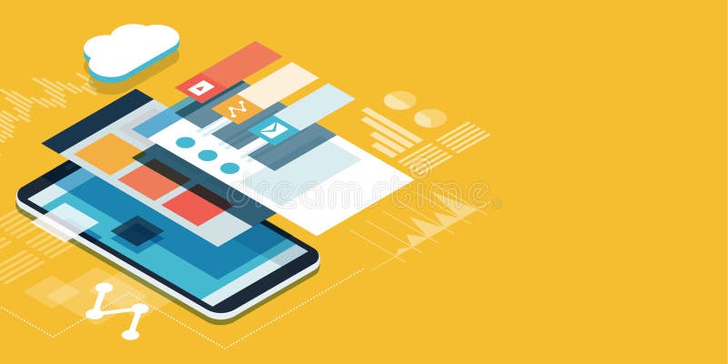 App development and user interface. App development and web design: layered user interfaces and screens on a touch screen smartphone stock illustration App development and user interface. App development and web design: layered user interfaces and screens on a touch screen smartphone stock illustration