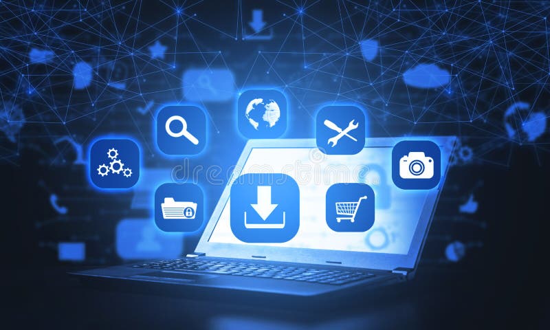 App icons with a download symbol and computer. Development of applications. Social networks and Software royalty free illustration