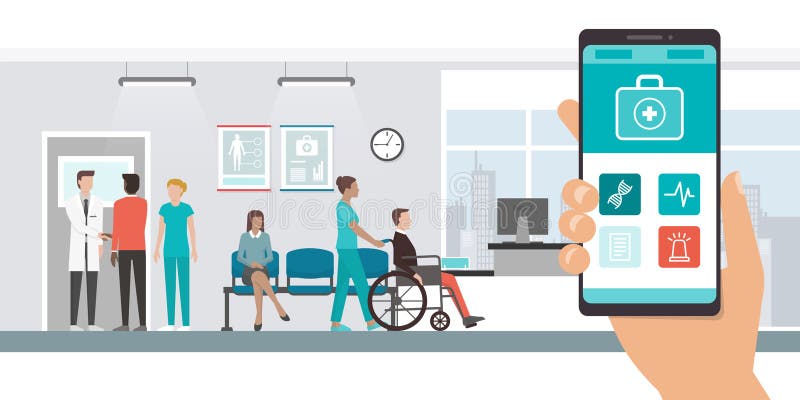App médico y pacientes en el hospital ilustración del vector App médico y pacientes en el hospital ilustración del vector