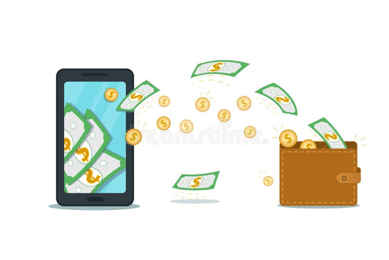 App móvel da carteira ou sistema de pagamento em linha, conceito da conta bancária de banco de poupança Smartphone liso com fluxo ilustração stock App móvel da carteira ou sistema de pagamento em linha, conceito da conta bancária de banco de poupança Smartphone liso com fluxo ilustração stock