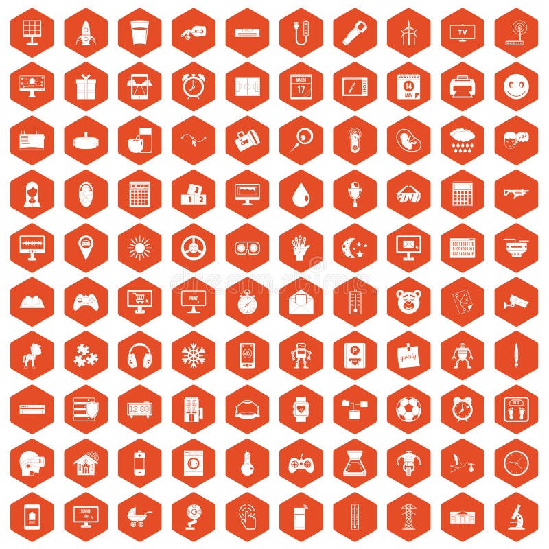 100 app icons set in orange hexagon isolated vector illustration. 100 app icons set in orange hexagon isolated vector illustration