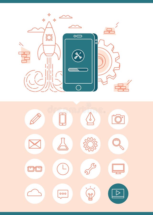 App rozwoju pojęcia sztandar z setem powiązane ikony royalty ilustracja