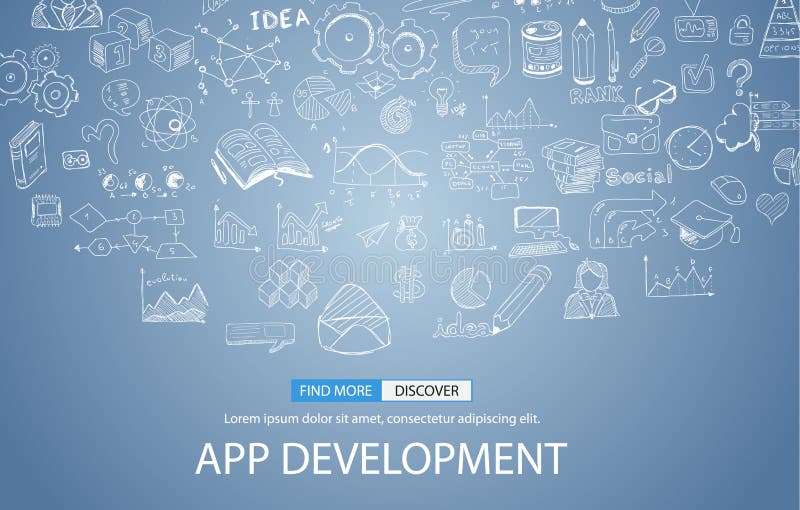 App rozwoju pojęcia tło z Doodle projekta stylem: interfejsy użytkownika royalty ilustracja