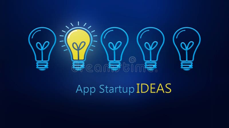 App Startup创意将电灯和灯作为新商业理念的一个概念蓝色 皇族释放例证