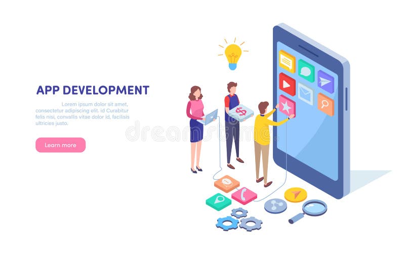 App-utveckling Programmerare bärare Mobil applikation Smartphone begreppsApps bubbla Isometrisk tecknad filmillustrationvektor vektor illustrationer App-utveckling Programmerare bärare Mobil applikation Smartphone begreppsApps bubbla Isometrisk tecknad filmillustrationvektor vektor illustrationer