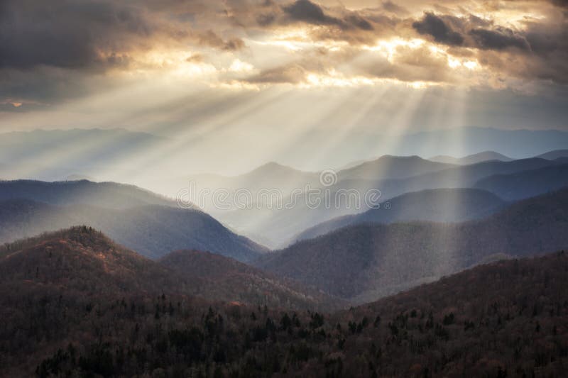Appalachian Mountains Crepuscular Light Rays on Blue Ridge Parkway Ridges NC