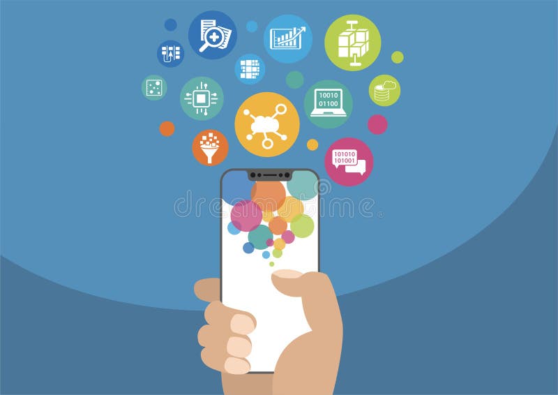Appanni il concetto di mobilità e di computazione a titolo dimostrativo con la mano che tiene lo smartphone moderno ed icone senz illustrazione vettoriale Appanni il concetto di mobilità e di computazione a titolo dimostrativo con la mano che tiene lo smartphone moderno ed icone senz illustrazione vettoriale