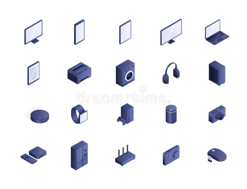 Device isometric icons set. Headphones and audio speaker, monitor of computer and laptop. Smartwatches and console with gamepad, joystick. Cartoon 3D vector collection isolated on white background. Device isometric icons set. Headphones and audio speaker, monitor of computer and laptop. Smartwatches and console with gamepad, joystick. Cartoon 3D vector collection isolated on white background