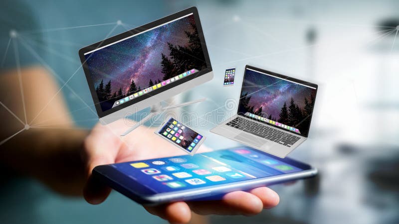 View of Devices like smartphone, tablet or computer flying over connection network - 3d render. View of Devices like smartphone, tablet or computer flying over connection network - 3d render