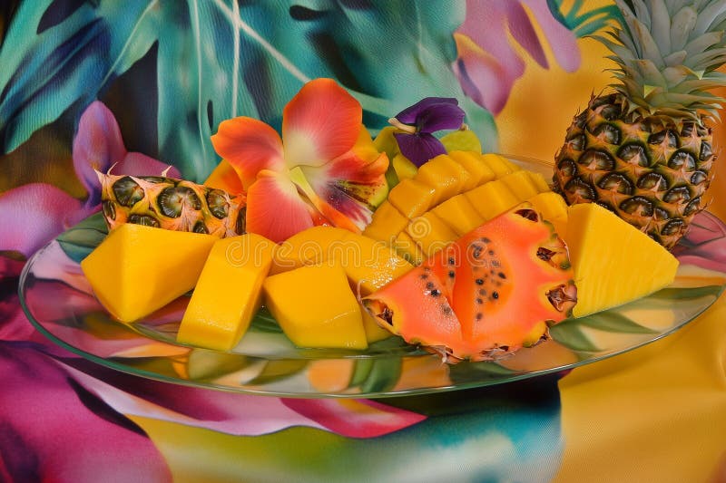 Apparecchiatura a frutta tropicale con accenti di orchidea su tessuto creato con utensili generici AI illustrazione vettoriale