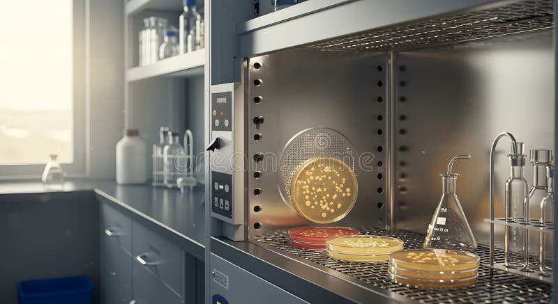 Apparecchiature di laboratorio con pannolini Petri e vetreria in un moderno centro di ricerca royalty illustrazione gratis