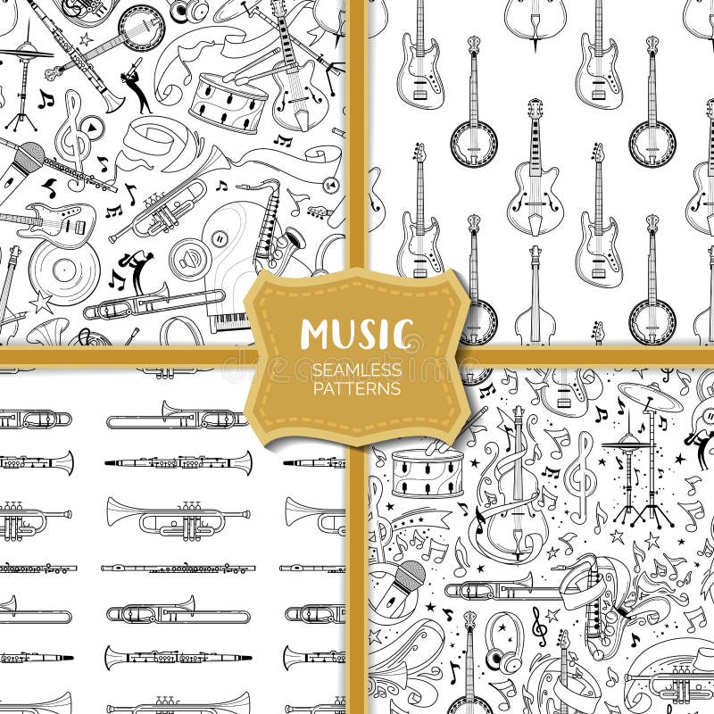 Apparecchiature musicali disegnate a mano delineano un insieme di schemi senza saldatura illustrazione di stock Apparecchiature musicali disegnate a mano delineano un insieme di schemi senza saldatura illustrazione di stock