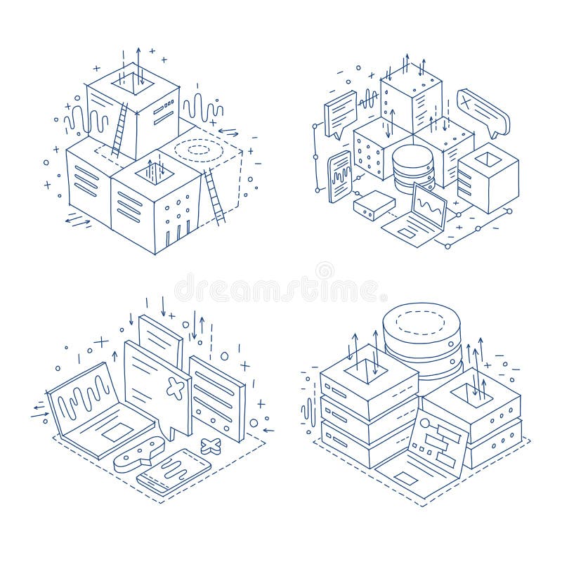 Apparecchiature per la tecnologia dei dati server Internet. metafora ingegneristica. sviluppo dei programmatori. disegno a mano. v royalty illustrazione gratis