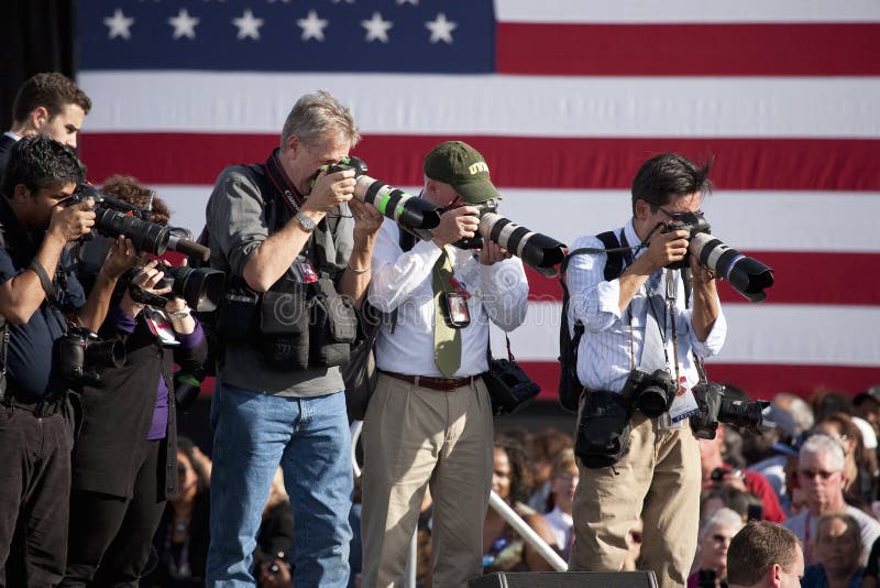 National Press aim cameras during a President Barack Obama Campaign Rally, November 1, 2012, at Cheyenne Sports Complex, North Las Vegas, Nevada. National Press aim cameras during a President Barack Obama Campaign Rally, November 1, 2012, at Cheyenne Sports Complex, North Las Vegas, Nevada