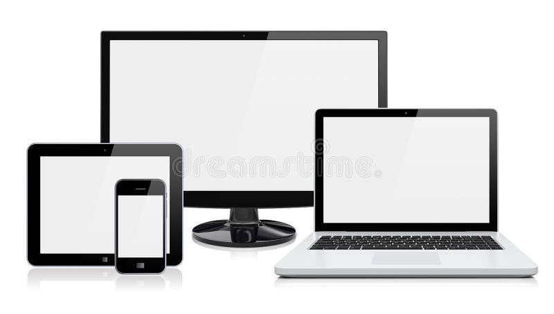 Computer monitor, laptop, tablet pc, and mobile smartphone with a blank screen on a white background. 3d image. Computer monitor, laptop, tablet pc, and mobile smartphone with a blank screen on a white background. 3d image