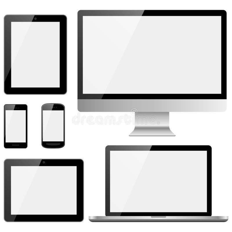 Set of electronic devices with white, shiny screens isolated on white background. Devices include desktop computer, laptop, tablet and mobile phones. Eps10 file with transparency. Set of electronic devices with white, shiny screens isolated on white background. Devices include desktop computer, laptop, tablet and mobile phones. Eps10 file with transparency.