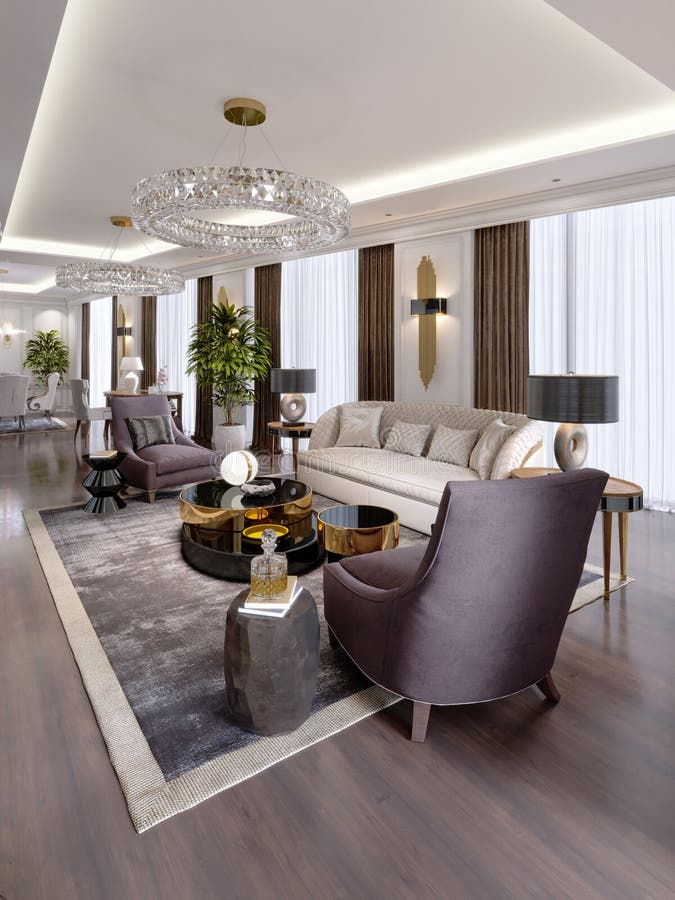 Appartamenti di lusso nell'hotel con un salone e una sala da pranzo, sofà, letto, supporto della TV, tavolo da pranzo, interno cl illustrazione di stock Appartamenti di lusso nell'hotel con un salone e una sala da pranzo, sofà, letto, supporto della TV, tavolo da pranzo, interno cl illustrazione di stock