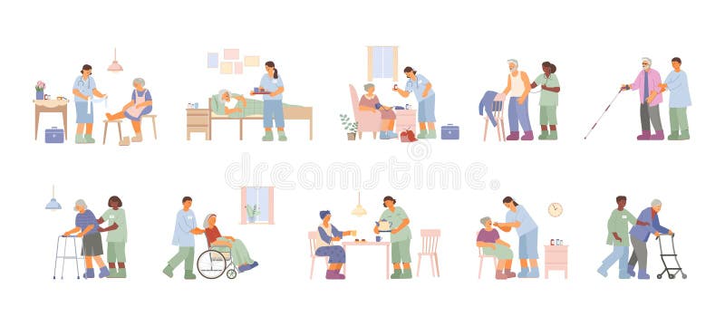 Flat set with caregivers and nurses taking care of elderly men and women isolated vector illustration. Flat set with caregivers and nurses taking care of elderly men and women isolated vector illustration