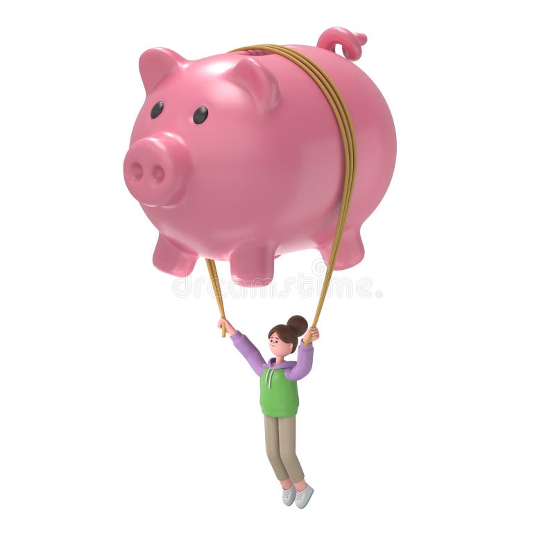 Flat 3d isometric financial freedom concept web infographics 3D illustration. 3D illustration of Asian girl Renae fly piggy bank inflating balloon. Creative people collection. Flat 3d isometric financial freedom concept web infographics 3D illustration. 3D illustration of Asian girl Renae fly piggy bank inflating balloon. Creative people collection.