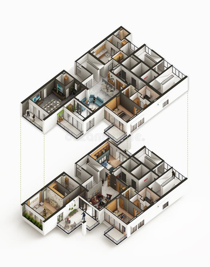 Appartement duplex 4 chambres vue isométrique et 2d plan rendu 3d.