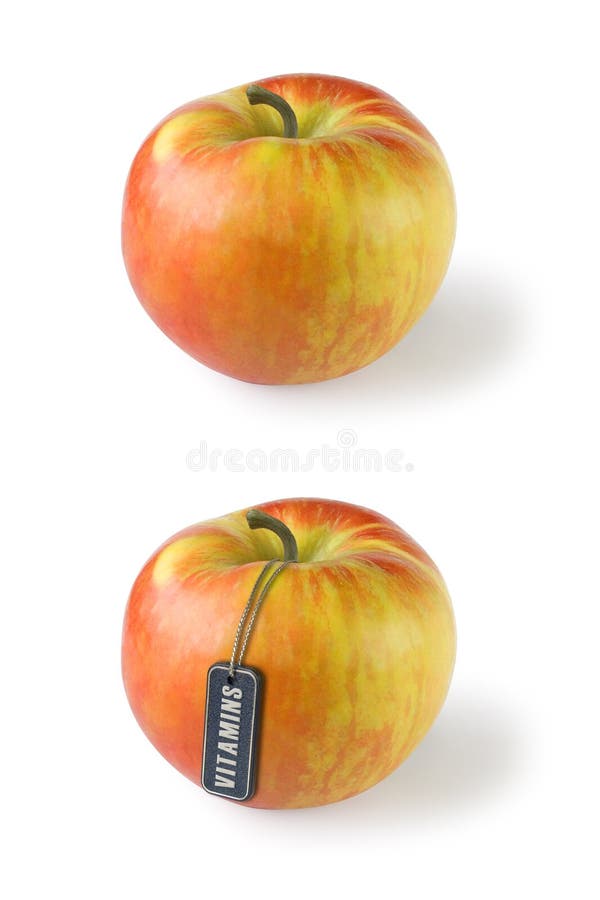 Appel met het label Vitaminen stock afbeeldingen