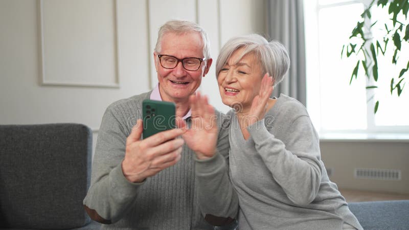 Appel vidéo. Joyeuse femme de couple avec smartphone avec appel vidéo. Mon vieux grand-père grand-mère qui parle banque de vidéos