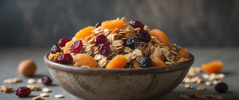 Appetit hausgemachte Granola mit getrockneten Früchten und Hafern in rustikaler Schüssel auf dunklem Hintergrund lizenzfreies stockbild