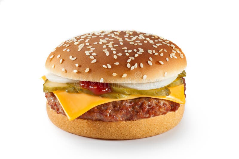 Appetitanregender appetitlicher Käseburger lokalisiert auf Weiß Klassischer Burger lizenzfreie stockfotografie