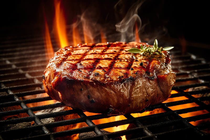 Appetitive Spices Beef Steak Sizzling Over Flaming Grill. Gourmet Food ...