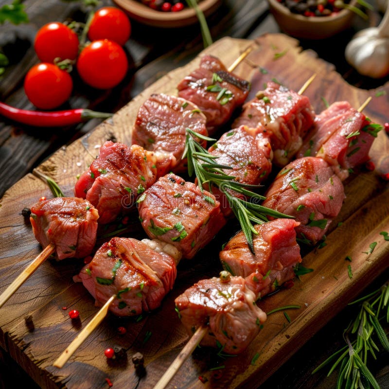 Appetitliche BQ-Spieße mit frischen Kräuter auf rustikalem Holzbrett. Dieses Bild erfasst das Wesen des Grillens im Freien und stockfotos