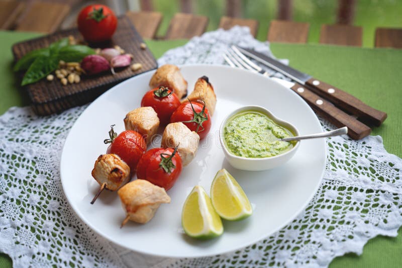 Appetizer Chicken Kebab with Vegetables, Top View Stock Photo Image