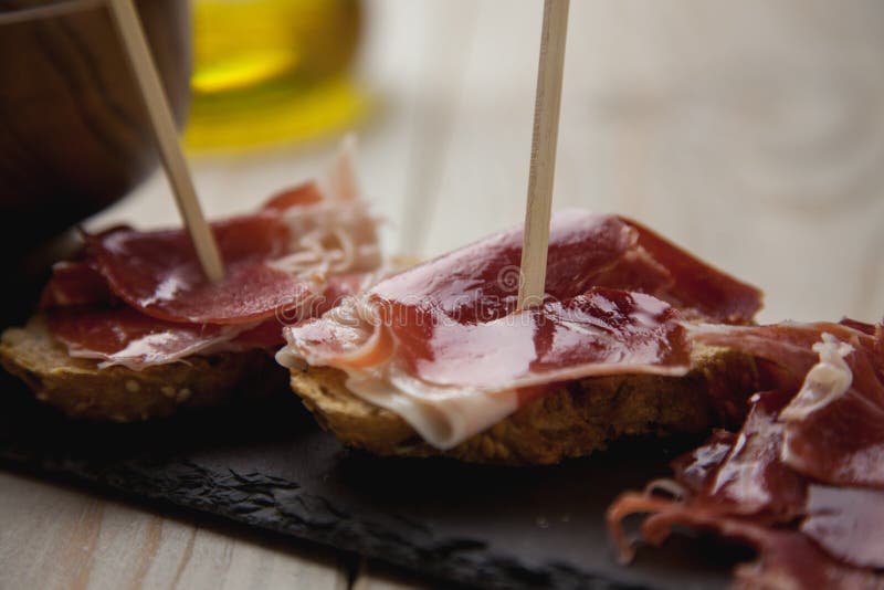 Appetizer Iberian Ham with Toasted Bread Stock Image - Image of spanish