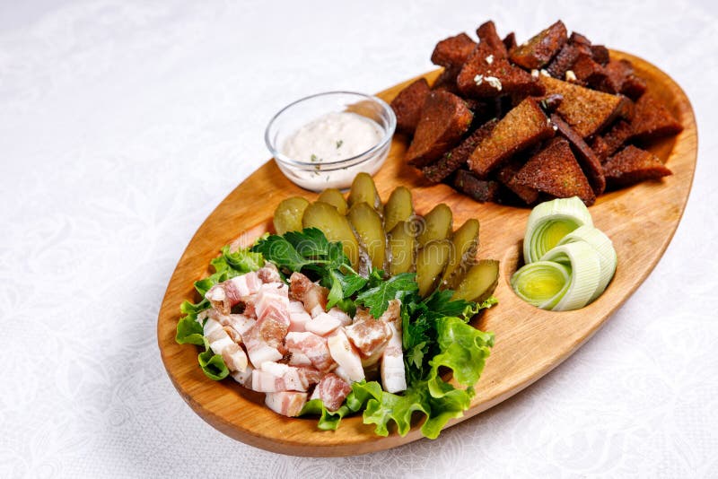 Appetizer. Lard in the Ukrainian Style. Creative Cuisine. Stock Photo
