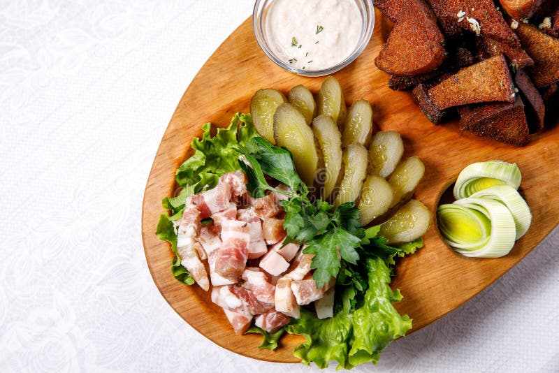 Appetizer. Lard in the Ukrainian Style. Creative Cuisine. Stock Photo