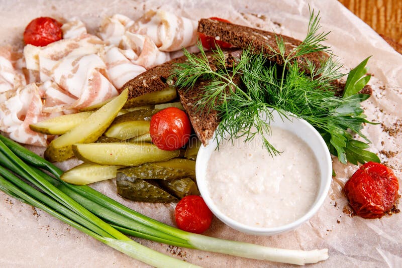 Appetizer. Lard in the Ukrainian Style. Creative Cuisine. Stock Photo