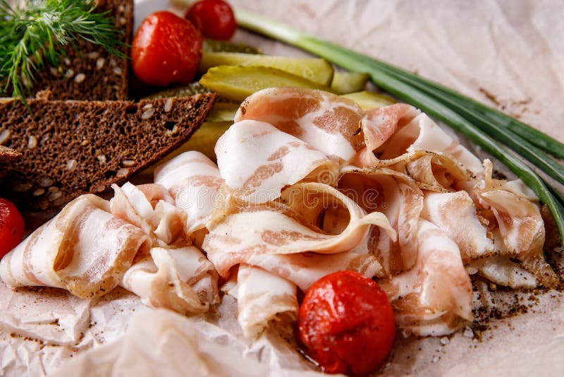 Appetizer. Lard in the Ukrainian Style. Creative Cuisine. Stock Photo