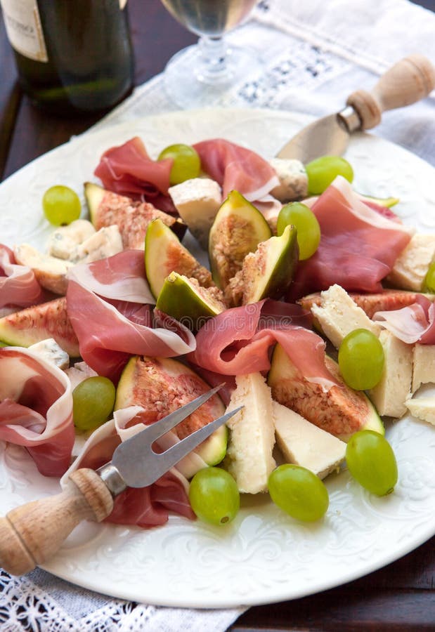 Appetizer with Prosciutto, Figs, Cheese and Grapes Stock Photo Image
