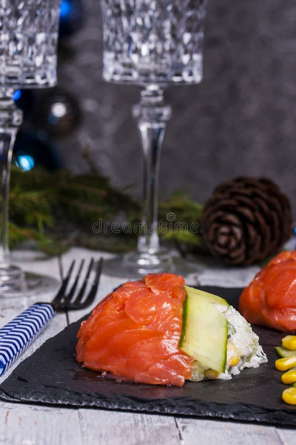 Appetizer with Rice, Corn and Salmon Stock Image Image of snack, food