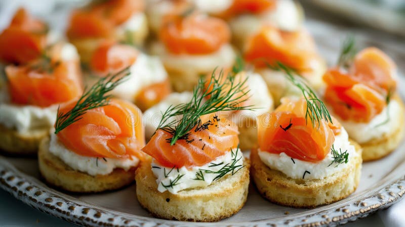 Appetizer with smoked salmon, cream cheese and dill on toast royalty free illustration
