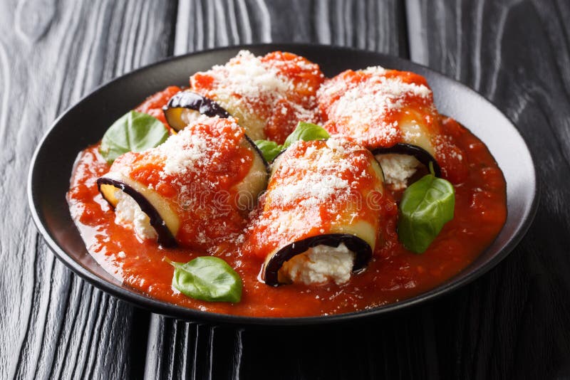 Appetizer of Stuffed Eggplant with Ricotta Cheese in Tomato Sauce Close