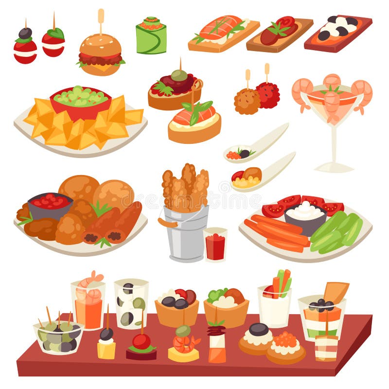 Appetizer vector appetizing food and snack meal or starter and canape illustration set of appetiser with cheese and