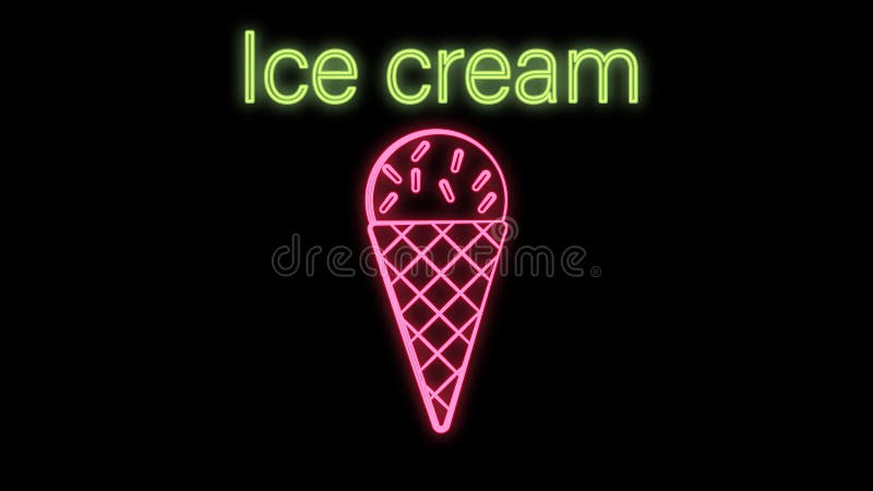Appetizing ice cream, a ball in a waffle cup, on a black background, vector illustration. pink neon sign with green inscription. design of a confectionery, cafe. restaurant decor