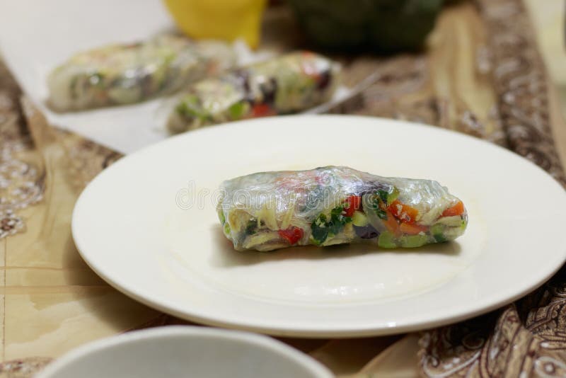 Appetizing, nutritious dish of homemade vegan Vietnamese summer rolls, known as goi cuon or nem cuon